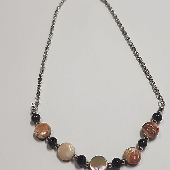 Elegant Silver and Black Necklace With Abalone Shell Beads - Picture 3 of 6